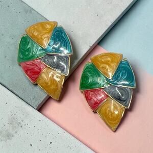 Vintage 1980s Multicolor Geometric Leaf Gold Tone Color Block Statement Earrings